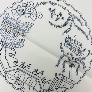 Könnte beinhalten: Ein kreisförmiges weißes Stoffstück mit einem schwarzen, gestickten Weidenmuster. Das Motiv zeigt eine Pagode, eine Brücke mit Figuren, ein Boot auf dem Wasser, Trauerweidenzweige und zwei fliegende Vögel, eingefasst von einem Bogenrand.