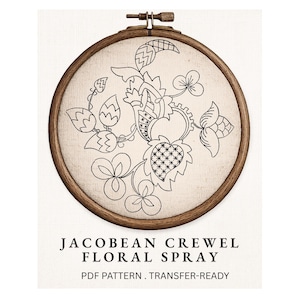 May include: A wooden embroidery hoop holds a cream-colored fabric with a black floral design. The design features stylized leaves, flowers, and geometric patterns. Text at the bottom reads "JACOBEAN CREWEL FLORAL SPRAY PDF PATTERN . TRANSFER-READY."