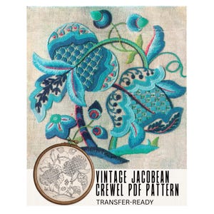 Jacobean Crewel Hand Embroidery Pattern PDF – Vintage Acorn & Leaf Floral Design, 6" 7" 8" Hoop Sizes, Woolwork, Instant Download,