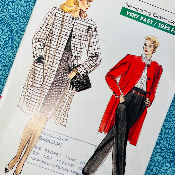 Bust 34-38" Uncut Vintage 80s Vogue Sewing Pattern 7420, Ladies Loose, Straight Coat, Pencil Skirt and Pleat Pants Trousers, Size 12 14 16