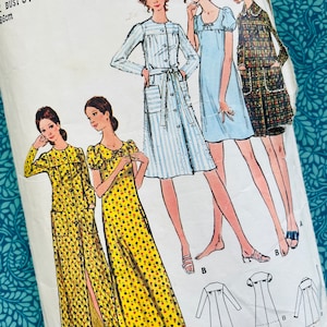May include: A Butterick sewing pattern envelope featuring illustrations of five different dress styles. The designs include long and short dresses with various sleeve lengths, button-front closures, and pockets. The text includes BUST 34.