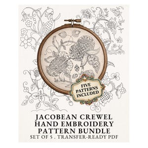Jacobean Crewel Embroidery Pattern Bundle PDF – Instant Download, Transfer-Ready Line Art, Set of 5