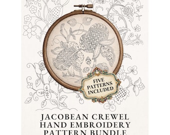 Jacobean Crewel Embroidery Pattern Bundle PDF – Instant Download, Transfer-Ready Line Art, Set of 5