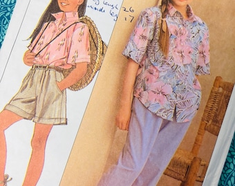 Age 7-14 Vintage 80s Simplicity Sewing Pattern 9264 Cherokee, Girls Button Up Shirt, Pull On Pants and Shorts, Cuffed, Trousers, 90s,