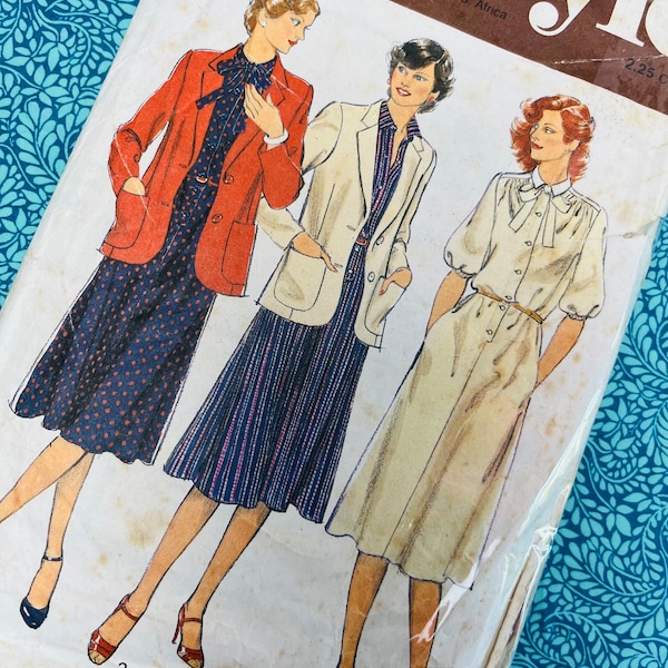 Bust 34" Vintage 1980s ‘Style’ 2582 ladies relaxed, loose blouson button-up dress with tie-neck and collar, patch pocket blazer jacket 12