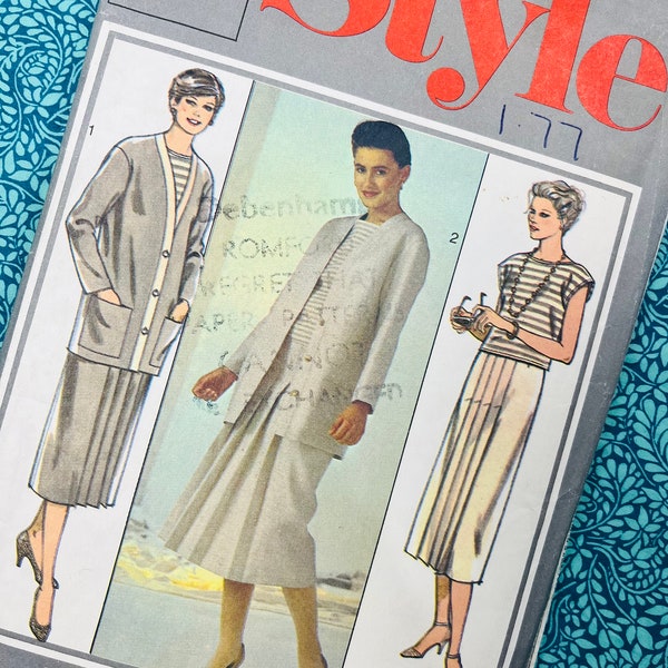 Bust 34-38" Vintage 80s Style Sewing Pattern 4316, Ladies Pleated Midi Skirt, Loose Top, Longline Cardigan Jacket, Size 12 14 16