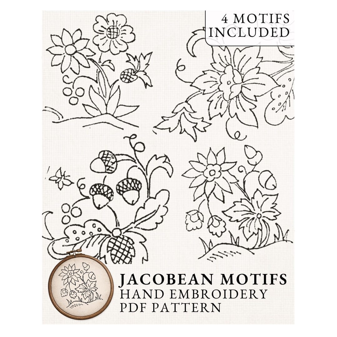 Jacobean Floral Hand Embroidery Pattern PDF – Set of 4 Vintage