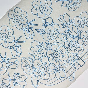 Op de afbeelding: Een lichtbeige stoffen paneel met een blauwe inktomtrek van een bloemstuk in een mand. Het ontwerp bevat meerdere vijfbladige bloemen, knoppen en bladeren. De tekst langs de rand luidt: STA STRANDED THREADS BEHAD FREE ON AP ET LONDON E.