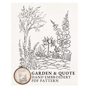 Cottage Garden Path Hand Embroidery Pattern PDF – Floral Scene with Funny Quote, 5x8 inch, Instant Download, Transfer-Ready Line Art