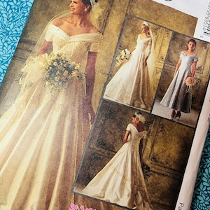 Bust 34” Vintage 90s McCalls Sewing Pattern 6951 Romantic Wedding Dress & Bridesmaid Gown, Off Shoulder, Self Fabric Bow, Alicyn Exclusives