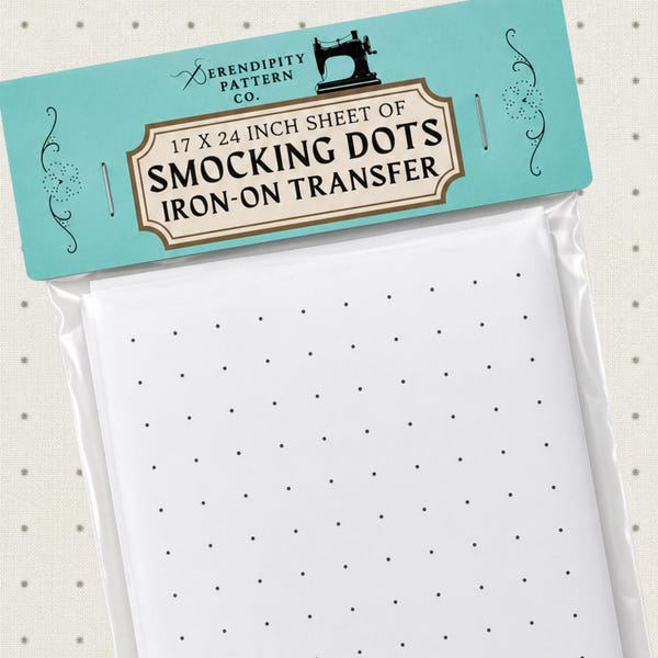 Strijkapplicatie met smockstippen, hulpknopen voor smockwerk met een tussenruimte van 1 cm, vel van 43 x 61 cm met ongebruikte smockstippen.