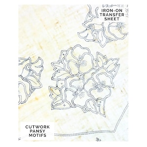 Stiefmütterchen Cutwork Handstickerei Stoff für Stuhlrücken, Vintage Bügelbild, Briggs Handarbeiten, Großes Blumenmotiv, Bordüre