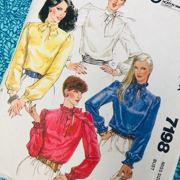 Bust 38" Vintage 80s McCalls Sewing Pattern 7198, Ladies Blouse Pattern, Size 16 Tie Collar Blouse, High Neck, Keyhole, Dramatic,