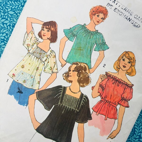 Busto 34-36" Vintage anni '70 Semplicità Sewing Pattern 7444, Top da donna, Volant, Tunica con volant, Bardot, Spalle scoperte, Grembiule Medio 12 14