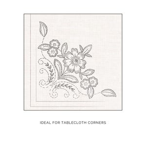 K&ouml;nnte beinhalten: Schwarz-wei&szlig;es Blumenstickmuster f&uuml;r Tischecken. Das Design zeigt detaillierte Blumen, Bl&auml;tter und wirbelnde Ranken. Der Text unten lautet &bdquo;IDEAL F&Uuml;R TISCHDECKE-ECKEN&ldquo;.