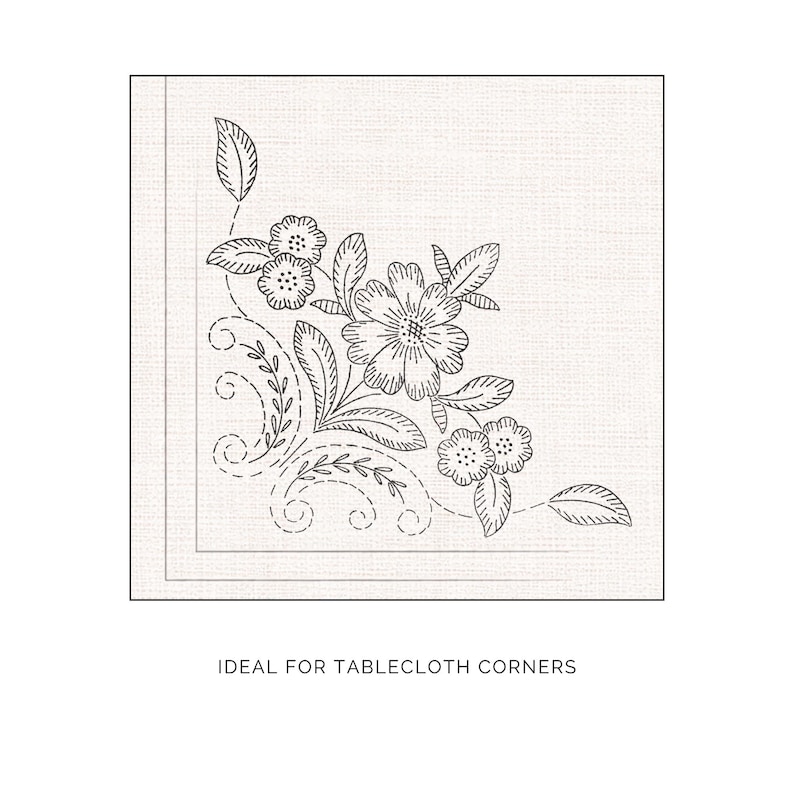 K&ouml;nnte beinhalten: Schwarz-wei&szlig;es Blumenstickmuster f&uuml;r Tischecken. Das Design zeigt detaillierte Blumen, Bl&auml;tter und wirbelnde Ranken. Der Text unten lautet &bdquo;IDEAL F&Uuml;R TISCHDECKE-ECKEN&ldquo;.