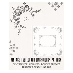 Padrão de bordado à mão para toalha de mesa vintage em PDF - Centro de mesa floral, cantos e bordas, design pronto para transferência, flores simples de margarida preguiçosa.