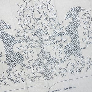 May include: A white fabric transfer pattern featuring dark blue cross-stitch designs of two stylized birds facing a central floral motif. The pattern includes intricate scrolling vines and the text Clark & Co Paisley for chairbacks, cushions etc.