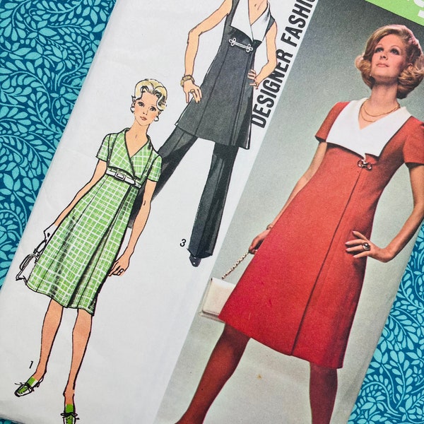 Bust 34" Vintage 70s Simplicity 9214 Sewing Pattern, Designer Fashion A Line Coat Dress and Flared Trousers Pants, Size 12,