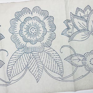 May include: A white fabric transfer sheet featuring a repeating dark blue line art pattern of large, detailed flowers and leaves. The design includes a central large bloom with radiating petals, surrounded by smaller floral buds and foliage.
