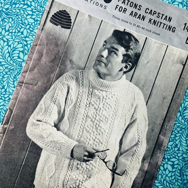 Vintage 60s Patons Publications Mens Aran Jumper Knitting Pattern 1450, Roll Neck, Cable Knit, Capstan