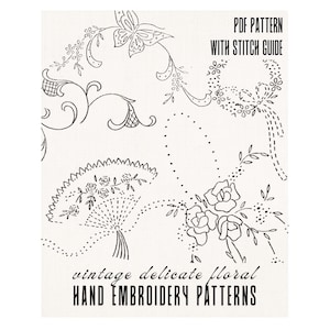 Vintage Tiny Floral Hand Embroidery Patterns– 1930s Delicate Motifs, Butterfly, Scrolls & Crinoline Lady, Transfer-Ready PDF Designs