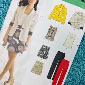 May include: A sewing pattern showing a woman in a striped blazer and skirt with a circular design. The pattern includes illustrations of a yellow blazer, tops, skirts, and trousers. The text "NEW LOOK" is visible.