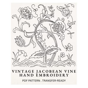 Jacobean Vine Hand Embroidery Pattern PDF, Vintage 1930s Floral Crewel Style Design, Woolwork, Instant Download, Transfer-Ready Line Art