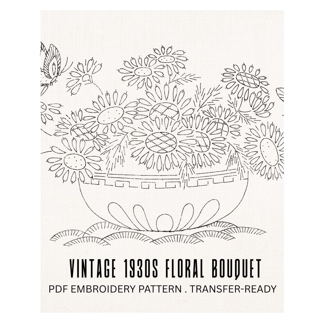 Vintage Floral Bouquet Hand Embroidery Pattern PDF, 1930s Flower Bowl ...