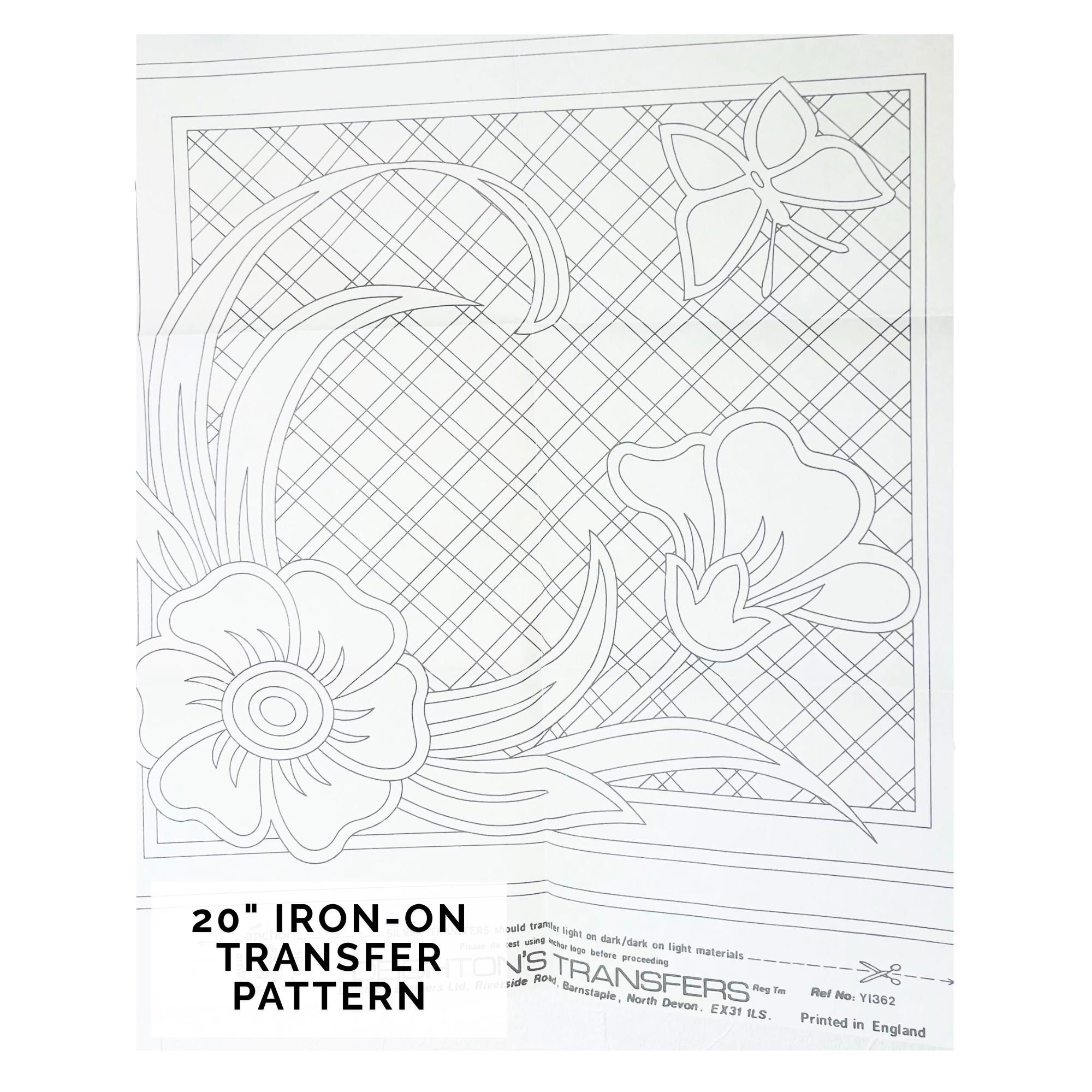 ヴィンテージ 20インチ 刺繍転写シート、格子模様と花柄のコーナー、蝶