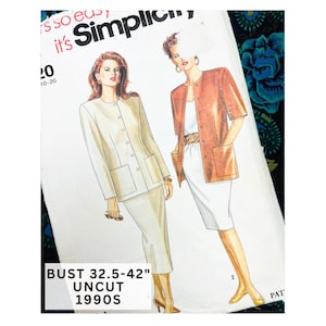 Nieobrobiony wzór do szycia Vintage 90s Simplicity 9820, marynarka bez kołnierzyka i spódnica midi wciągana przez głowę, elegancki zestaw casualowy, elegancki garnitur, biust 32,5-42 cale
