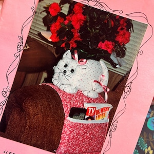 May include: A white fabric cat with pink floral accents and a pink ribbon bow sits atop a red floral pocket. The pocket holds a TV Guide and a remote control. A bouquet of red flowers is in the background.