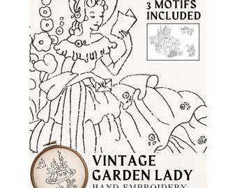 Vintage Embroidery Pattern PDF, 1930s Crinoline Lady & Cottage Garden Motifs, Transfer-Ready Line Art