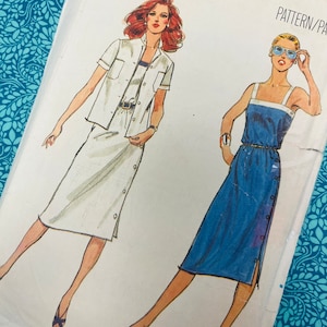 Bust 34&quot; Vintage 80s Butterick Sewing Pattern 3038, Sporty Glam Strappy Sundress with Side Button Detail, Shirt Jacket, Square Neck Dress