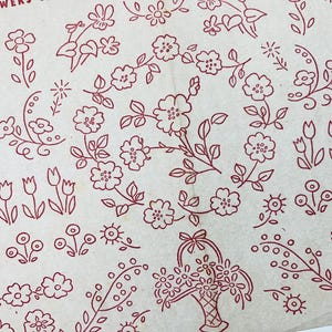 May include: A light beige paper sheet featuring a repeating pattern of dark red line art illustrations of various flowers, including tulips, small blossoms, and a flower basket, with the partial text LITTLE FLOWERS visible at the top.