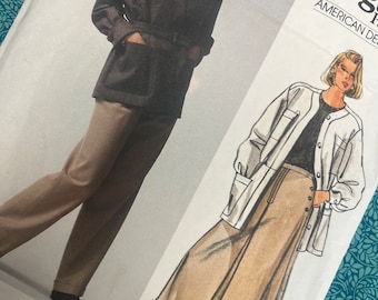 Bust 32.5" Vintage 80s 90s Vogue American Designer Sewing Pattern 1457, Longline Jacket, Flared Midi Skirt, Cuffed Straight Leg Pants 10
