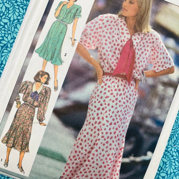 Bust 32.5-36" Vintage 80s Simplicity Sewing Pattern 7510, Ladies Elegant Blouson Midi Dress, Gored Skirt, Size 10 12 14