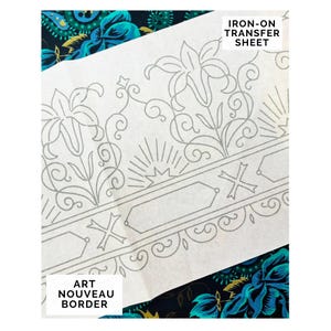 Vintage opstrijkbare handborduurwerkoverdracht door Deightons CW857, 30 inch art nouveau-randontwerp, horizontaal herhalend ontwerp, sierlijke rollen