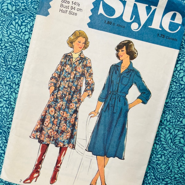 Bust 37" Vintage retro 70s ‘Style’ Sewing Pattern 2450, Ladies Loose Shirt Dress with or without belt, Collar, Size 14.5 Petite Half Size