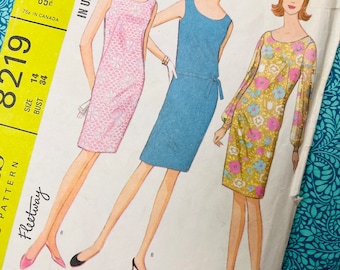 Bust 34" Vintage 60s McCalls Sewing Pattern 8219, Ladies Dress Pattern, Sleeveless or Long Sleeve, Size 14,
