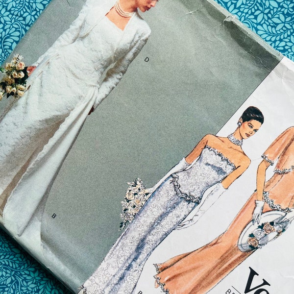Bust 34-38" Vintage 90s Vogue Bridal Original Sewing Pattern 2590, Wedding Dress, Sleeveless, Bolero Cover Up, Bridesmaid, Size 12 14 16