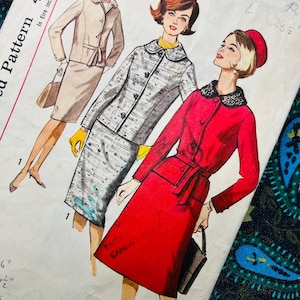 May include: A vintage sewing pattern envelope featuring illustrations of three outfits: a beige suit, a grey tweed-style suit, and a red coat with a black lace collar. The text includes "Pattern 4/6" and "In Eire incl. tax 4/9" with handwritten notes.