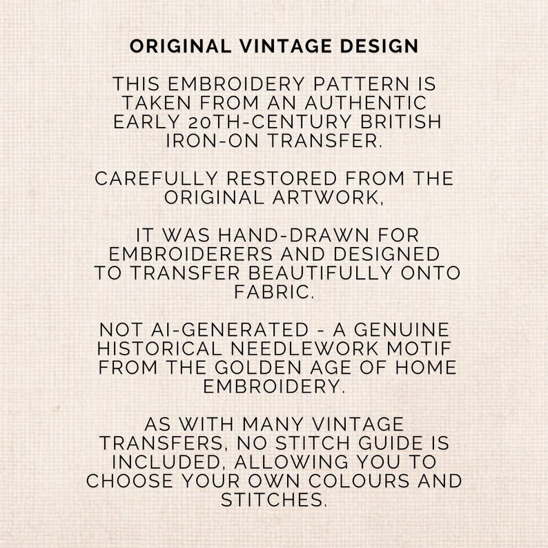 K&ouml;nnte beinhalten: Text auf cremefarbenem Hintergrund: "ORIGINAL VINTAGE DESIGN". Beschreibt einen authentischen britischen B&uuml;geltransfer aus dem fr&uuml;hen 20. Jahrhundert, sorgf&auml;ltig restauriert, handgezeichnet f&uuml;r Sticker.