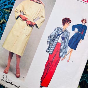 May include: Vintage sewing pattern with fashion illustrations. The designs include a long, pale coat, a striped jacket with red trousers, and a blue coat. The pattern is labelled "American Designer" and "Silverman". The pattern number is 1243.