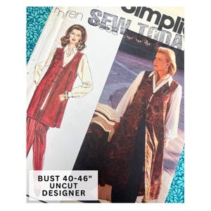 May include: Vintage sewing patterns featuring women's fashion designs. The patterns show a long vest over a white blouse and pants. The text on the pattern reads "Simplicity Sew Today" and "Bust 40-46" Uncut Designer."