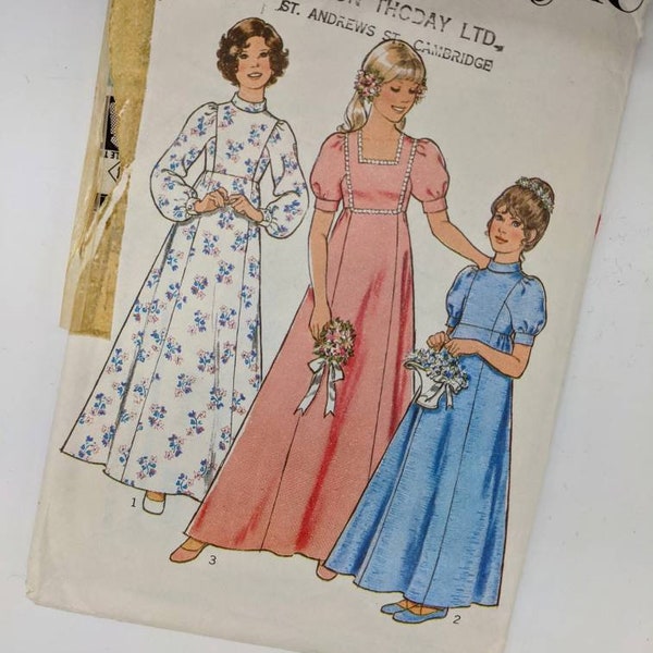 Vintage 1970s ‘Style’ Sewing Pattern 1218, Girls Full Length Dress, Bridesmaid, Flower Girl, Age 10, Puff Sleeve, Empire, Square neck, High