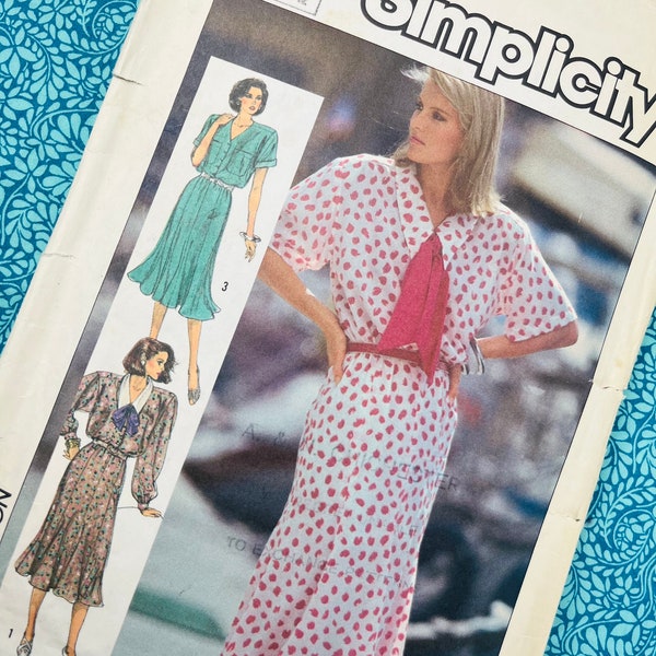 Bust 32.5-34" Vintage 80s Simplicity Sewing Pattern 7510, Ladies Blouson Midi Dress with Gored Skirt, Size 10 12