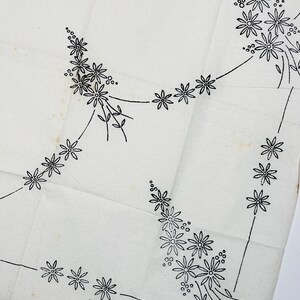 May include: A white fabric panel featuring a black printed floral pattern of daisy-like flowers arranged in clusters and connected by thin lines. The bottom edge displays the printed text WEBCO No. 12021 WEBBER & CO LTD on the off-white material.