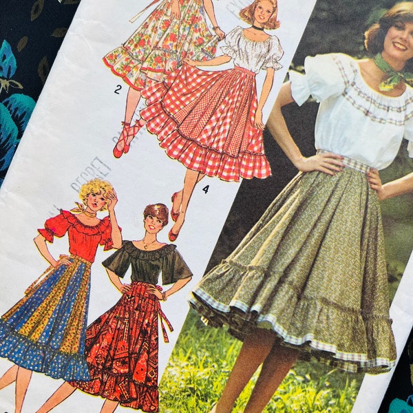 Bust 32.5" Vintage Simplicity Sewing Pattern 7842, Ladies Ruffle Boho Folk Blouse with Flared, Frill Skirt 10