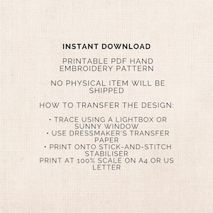 K&ouml;nnte beinhalten: Ein cremefarbenes digitales Download-Grafik mit schwarzem Text. Der Text lautet "SOFORT-DOWNLOAD DRUCKBARES PDF-HANDSTICKEREIMUSTER." Anweisungen zum &Uuml;bertragen des Designs mit einer Leuchtbox, Transferpapier und Stabilisator sind enthalten. Es wird kein physischer Artikel versendet.